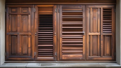 Elegant brown wooden shutters with varying designs and textures enhancing architectural interest and outdoor aesthetics.