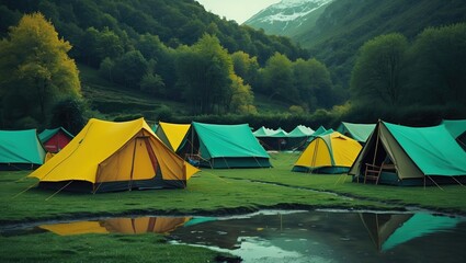Camping Tents Set Against Lush Greenery and Mountains on a Cool Summer Day, Promoting Adventure and Outdoor Lifestyle In Nature