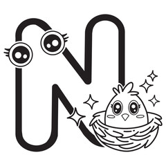 Learning card alphabet. Letter N. Cute cartoon illustrations. Coloring page