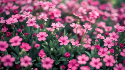 Fototapeta premium Vibrant Close-Up of a Blooming Pink Flower Field with Lush Green Foliage in Soft Natural Light