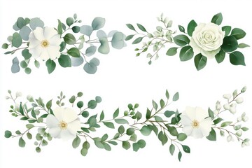 Watercolor floral border collection showcasing white blossoms and eucalyptus. Ideal for wedding designs, invitations, greeting cards