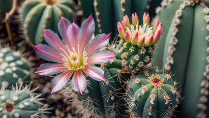 Fototapeta premium Vibrant Cactus Blooms in Macro Detail Showcasing Colors and Spines Amidst Lush Greenery Capturing the Beauty of Desert Flora