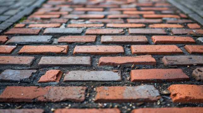 Textured brick pathway with a mix of red and gray bricks creating a unique pattern in a garden or urban setting ideal for landscaping themes