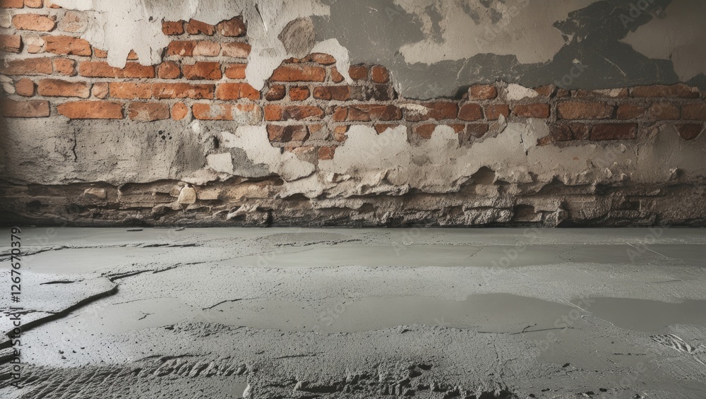 Wall mural Cement floor texture with weathered brick wall background ideal for industrial and urban design projects or construction-related themes.