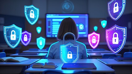 A student in a classroom focused on a digital screen displaying security symbols and padlocks, suggesting themes of cybersecurity and digital safety
