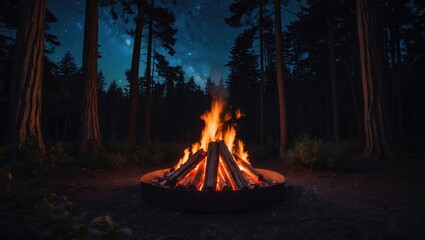 Nighttime Bonfire Surrounded By Tall Trees Under A Starry Sky Creating A Cozy Outdoor Atmosphere With Warm Flames And Natural Serenity