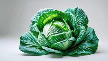 Obraz premium Fresh green cabbage with vibrant leaves displayed on a clean white background emphasizing its natural textures and colors for culinary use.