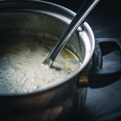 Rustikale Hackfleisch-Lauch-Suppe mit Kartoffelstücken in stimmungsvollem Licht