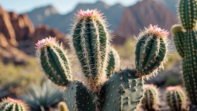 Desert Cactus Close-Up with Pink Blossoms Surrounded by Mountains and Natural Landscape under Warm Afternoon Light