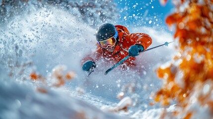 Man Skiing Powder Mountainside, Sunny Day, Splashing Snow