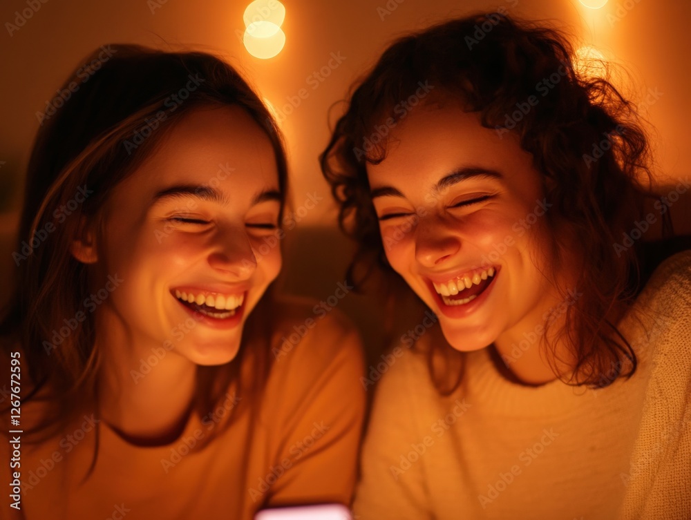 Wall mural two women laughing in warm light