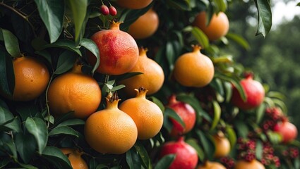Close Up of Ripe Grapefruits and Pomegranates on Bush in Tropical Setting Rich in Organic Produce Ready for Harvesting