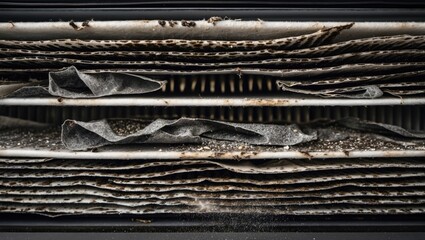 Dirty air filter close up showing accumulated dust and debris highlighting the importance of regular maintenance for air quality.