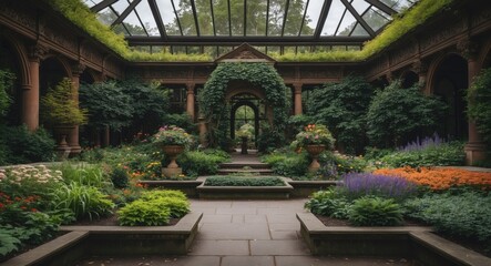Fototapeta premium Lush botanical garden with vibrant flowers and greenery under a glass structure creating a serene and picturesque atmosphere