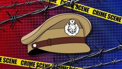 An Indian police cap placed prominently against a crime scene symbolizing digital investigation and...