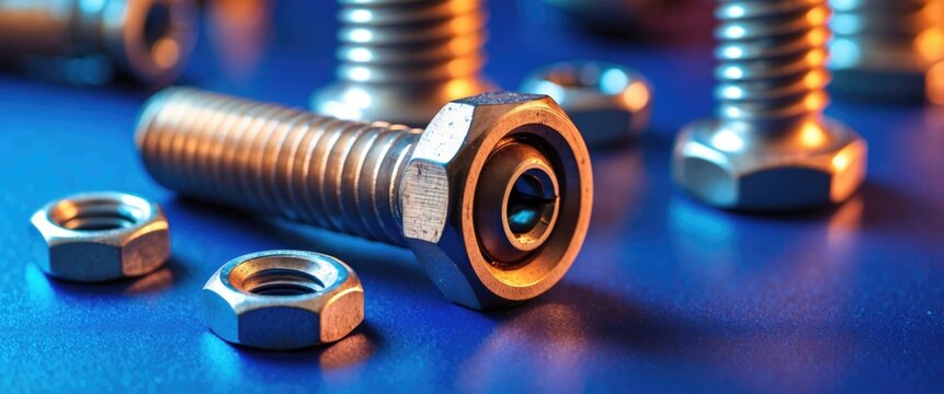 Close-up of metal screws and nuts on a blue background highlighting industrial hardware and construction materials for engineering concepts.