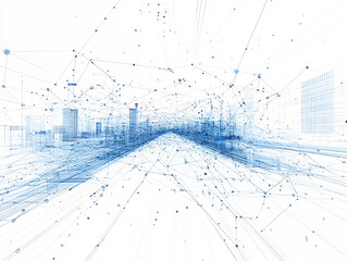 A futuristic cityscape rendered in abstract blue digital lines representing a complex network of data connections and information flow
