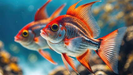 Fototapeta premium Vibrant Cardinalfish Swimming in Clear Ocean Water With Copy Space for Text and Marine Background