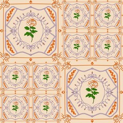 Seamless pattern of blooming creamy roses on the white background.