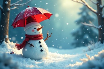 Fototapeta premium Whimsical snowman with umbrella in snowy forest, woodland creatures, umbrella, snowflakes