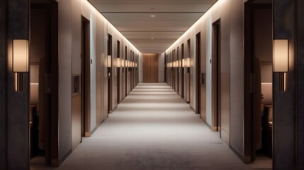 Fototapeta premium Softly Lit Aisle with Subtle Reflections and Warm Ambiance in a Modern Interior Space