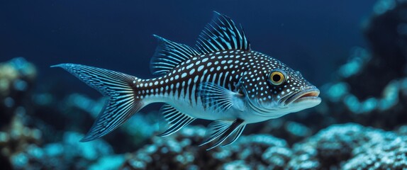 Bluespotted Spinefish in a vibrant coral reef environment with clear blue water and empty space for text placement
