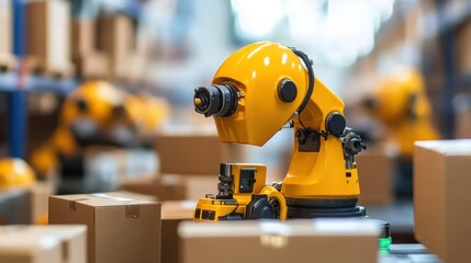 Fototapeta premium Yellow robot arm sorting packages warehouse.