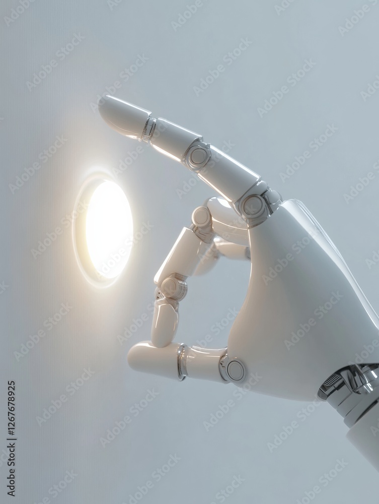Aufkleber Robotic hand engages with a glowing virtual button in a minimalist digital environment. Generative AI