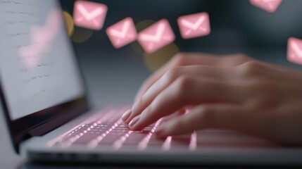typing on a laptop with email notifications