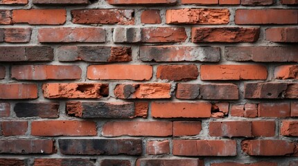 Textured red brick wall with mortar showcasing an aged and rustic appearance ideal for construction or architectural backgrounds.