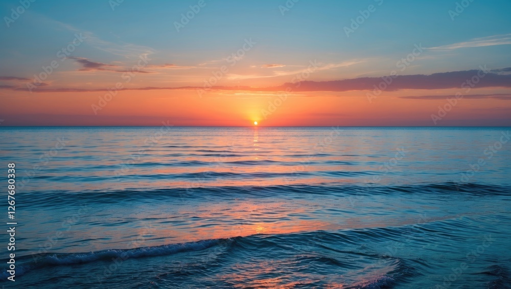 Wall mural tranquil beach sunset over calm waters with clear horizon and space for text element in artistic com