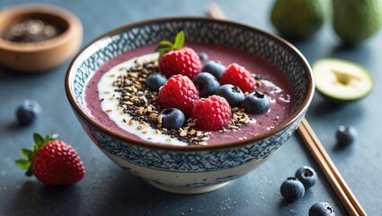Colorful Smoothie Bowl Topped with Fresh Berries and Granola on a Rustic Table Setting