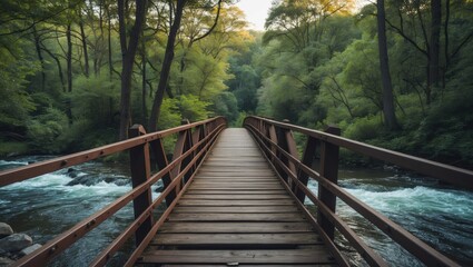 Obraz premium Peaceful Wooden Bridge Surrounded By Lush Greenery Over Flowing River In Forest Landscape