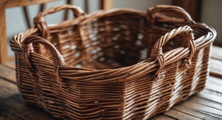 Obraz premium Brown Wicker Basket With Handles Perfect For Home Organization Featuring Empty Space For Customizable Text Or Branding