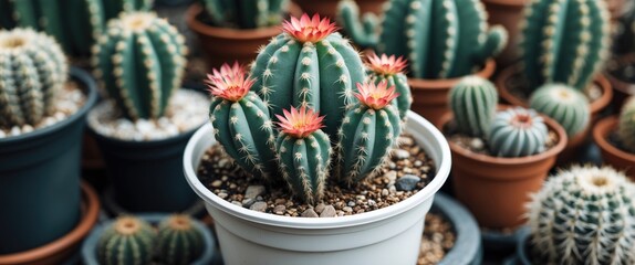 Vibrant Cactus with Blooms in White Pot Surrounded by Diverse Succulents in Greenhouse Setting