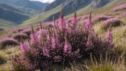 Obraz premium Vibrant Pink Heather Blooms in a Lush Mountain Meadow under Scenic Mountainous Landscape