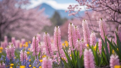Obraz premium Serene Spring Landscape with Vibrant Blooming Flowers and Soft Pink Blossoms in a Natural Setting