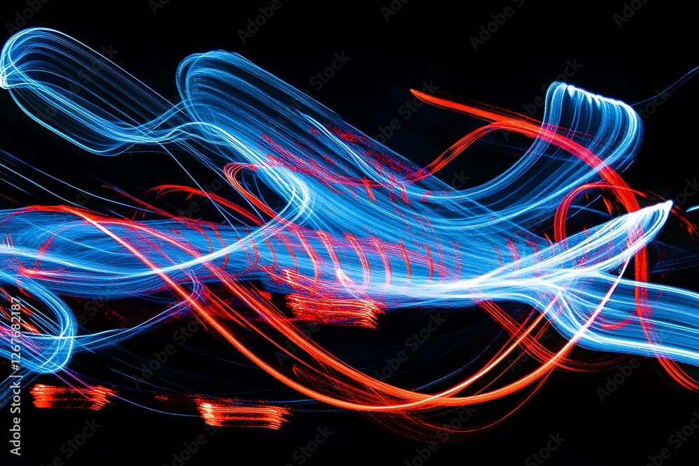Canvas Prints photo visual is characterized by vibrant blue and red light trails that smoothly flow across a black