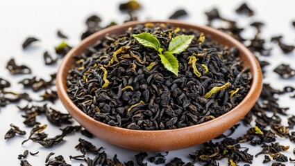 Granulated black tea displayed in a ceramic bowl with fresh leaves on a white background for culinary and beverage use.