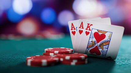 Queen's Bet: A close-up shot of a queen card and two aces placed neatly at the center of the table, surrounded by scattered red poker chips. 