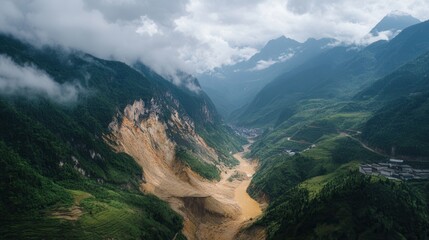 Fototapeta premium A serene river flows through a picturesque valley, surrounded by majestic mountains, showcasing the beauty of nature's landscape.