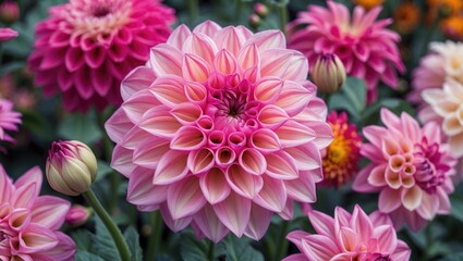 Stunning close-up of a pink dahlia flower showcasing intricate petal patterns with vibrant blossoms in the background. Nature's beauty highlighted.