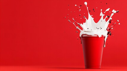 A splash of creamy white liquid erupts from a red cup against a vibrant red background. Dynamic and eye-catching!
