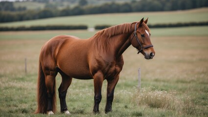 Brown Horse Standing Gracefully in Lush Green Field with Ample Space for Text or Design Elements