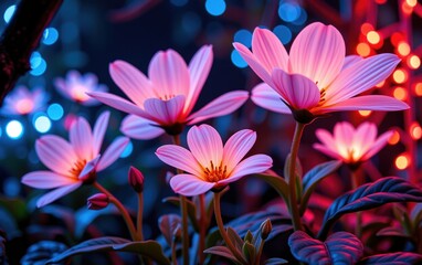 Fototapeta premium stunning close-up of vibrant, glowing flowers in full bloom, illuminated with soft golden light. The petals exhibit 