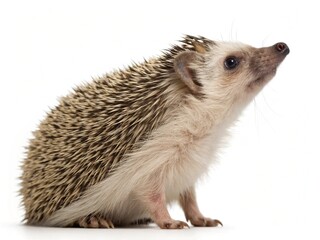 Fototapeta premium Adult male Four toed Hedgehog aka Atelerix albiventris. Sitting side ways, looking curiously up. Isolated on a white background for your pet business needs
