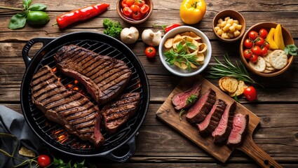 Grilled Beef Steak with Fresh Vegetables and Sides on a Rustic Tabletop Gourmet Food Presentation Top View Image