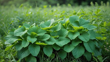 Lush Green Leaves in a Meadow with Natural Copy Space for Text or Design Use in Various Marketing and Creative Projects