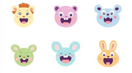 Happy cartoon animal heads smiling on white background. Education, kids illustrations, print
