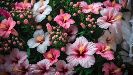 Vibrant Floral Composition Featuring Alstroemeria and Varieties of Pink Hibiscus Blooms for Decorative and Botanical Use